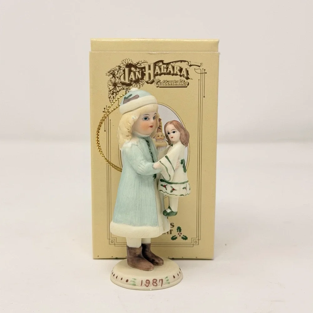 Jan Hagara Vintage 1987 Porcelain Christmas Ornament Girl w/ Doll w/Box